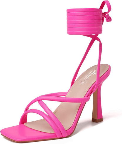Mostrin Womens Sandals Strappy Heels for Women Lace Up Square Open Toe Heels Tie Up High Heeled Sandals for Prom, Party, Daily Wear