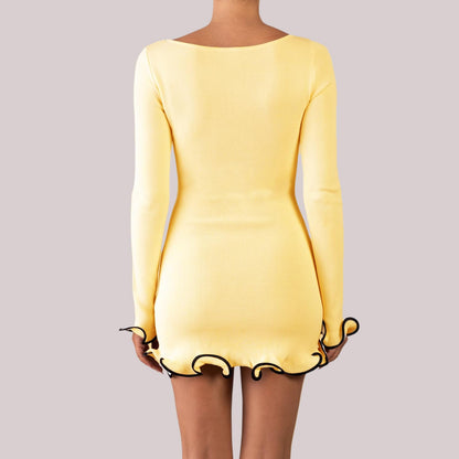 Women Elegant Ruffle Hem Knit Mini Dress Long Sleeve Contrast Color Patchwork Bodycon Short Sweater Dress Fall