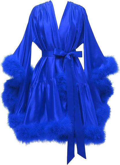 Yexinbridal Feather Fur Robe Silk Satin Bridal Dressing Gown Sexy Illusion Lingerie Nightgown Bathrobe Sleepwear