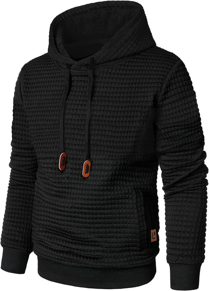 Men’s Sweatshirts Long Sleeve Pullover Patchwork Plaid Jacquard Hoodie Casual Drawstring Hoody Top