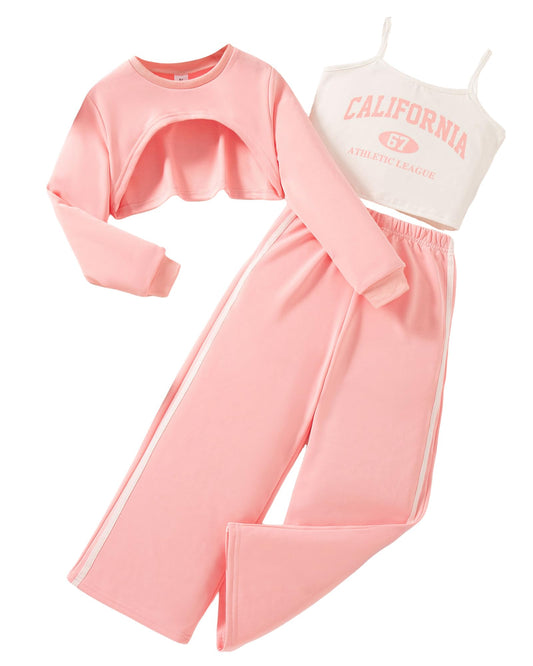 Girls 3 Piece Outfits Long Sleeve Crop Shirts & Cami Tops & Sweatpants Sets Fall Clothes Size 8-12Y