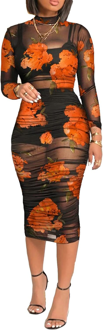 Women Sexy See Through Mesh Long Sleeve Ruched Midi Dresses Crop Top Bodycon Skirt 3 Piece Outfits Set Clubwear