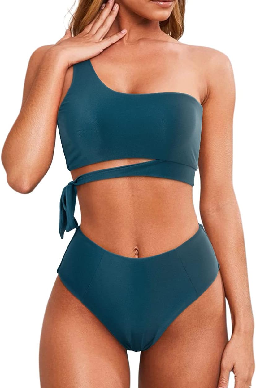MOOSLOVER Women One Shoulder High Waisted Bikini Tie High Cut Two Piece Swimsuits