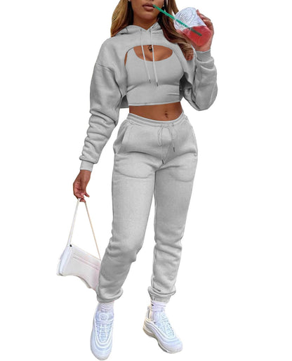 Adogirl Women 3 Piece Outfits Tracksuits Set Sexy Long Sleeve Pullover Hoodie Tank Crop Tops Jogger Sweatpants Sweatsuits