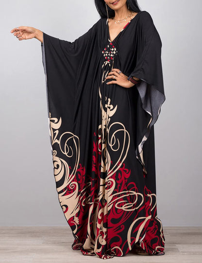 Bsubseach Women Ethnic Print Kaftan Beach Dress Plus Size Swimsuit Cover Up