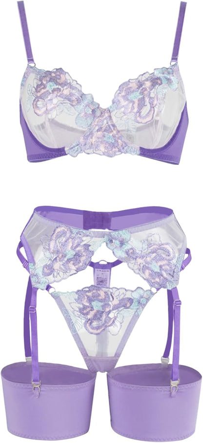 Lilosy Sexy Leaf Floral Embroidered Mesh Sheer Women Underwire Push Up Lingerie Set