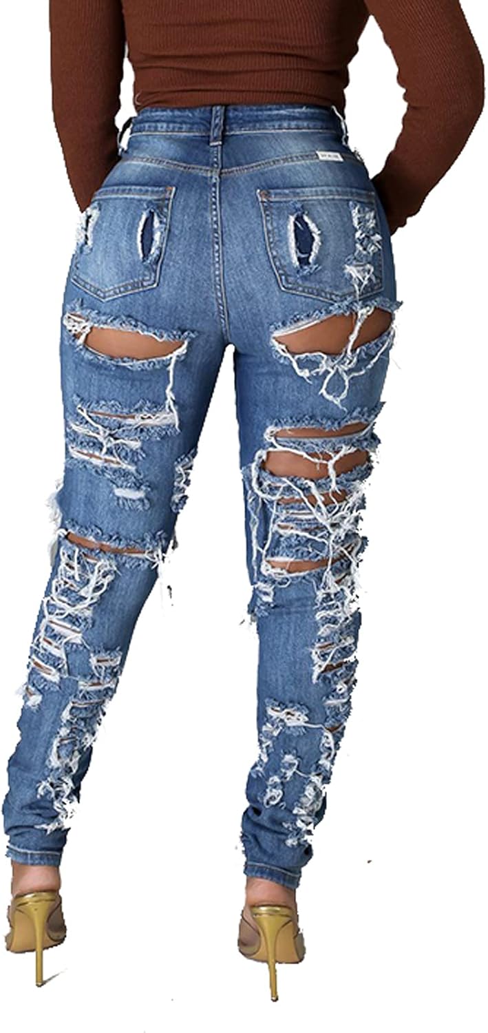 Women's Skinny Ripped Jeans Stretch Destroyed Mid High Waist Denim Pants