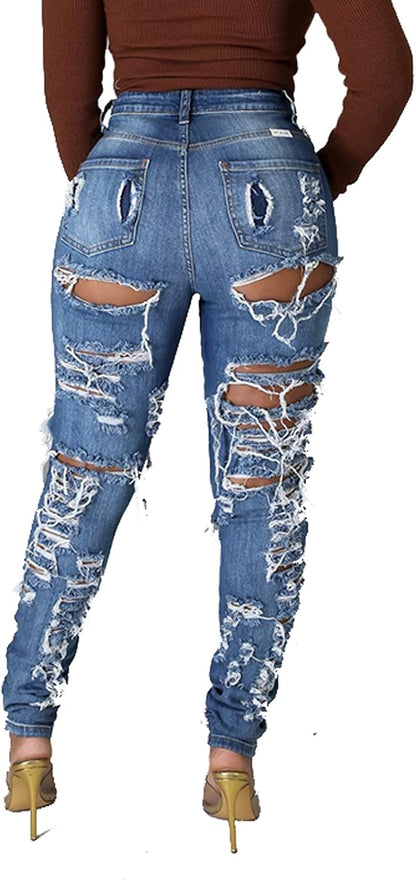 Women's Skinny Ripped Jeans Stretch Destroyed Mid High Waist Denim Pants