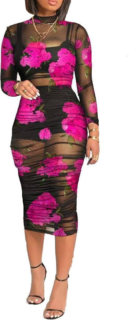 Women Sexy See Through Mesh Long Sleeve Ruched Midi Dresses Crop Top Bodycon Skirt 3 Piece Outfits Set Clubwear