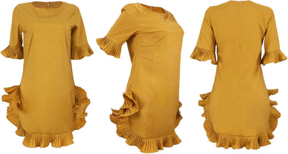 LKOUS Women Short Sleeve Round Neck Ruffles Hem Loose Midi Dresses Casual Short Dress