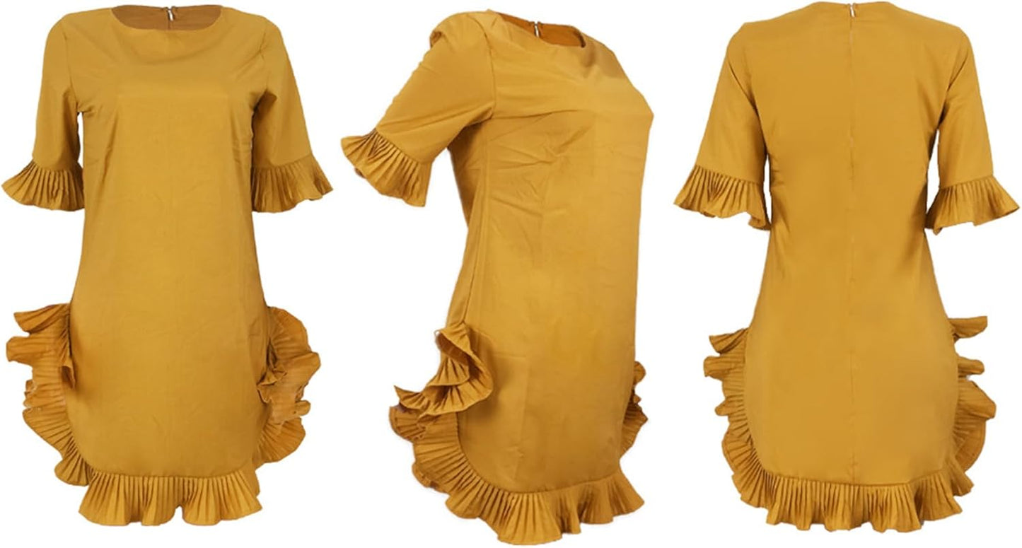 LKOUS Women Short Sleeve Round Neck Ruffles Hem Loose Midi Dresses Casual Short Dress