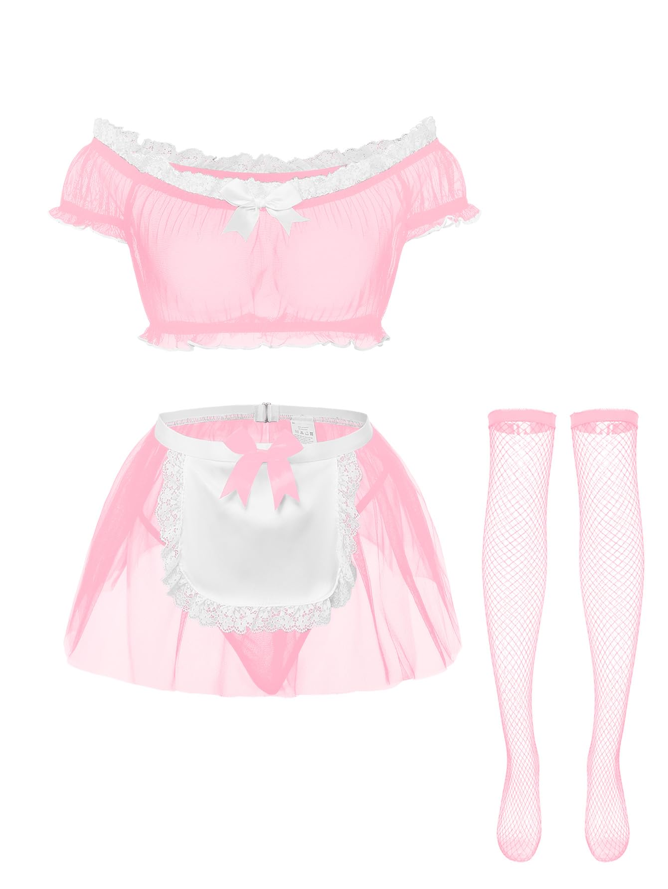 Sexy Stockings Mini Skirt Mesh Sheer Lace Costume Outfit Lingerie with Thong Set 4 Piece