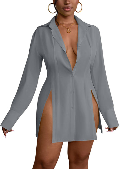 LYANER Women's Button Down Shirt Dress Collar V Neck Long Sleeve Slit Sexy Shirt Dresses