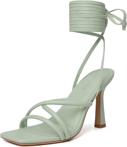 Mostrin Womens Sandals Strappy Heels for Women Lace Up Square Open Toe Heels Tie Up High Heeled Sandals for Prom, Party, Daily Wear