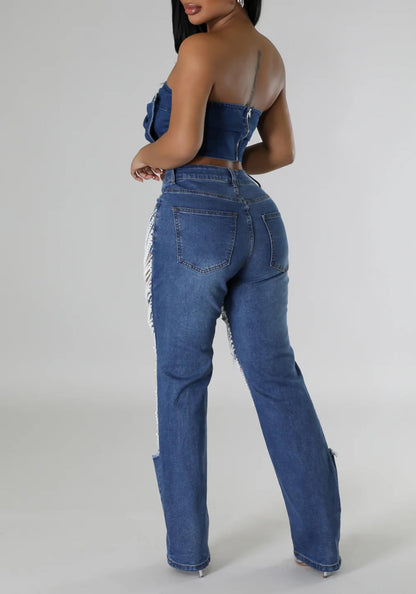 Womens Sexy Ripped Jeans High Waisted Rhinestones Pearl Chains Distressed Baggy Jeans Party Clubwear Denim Pants