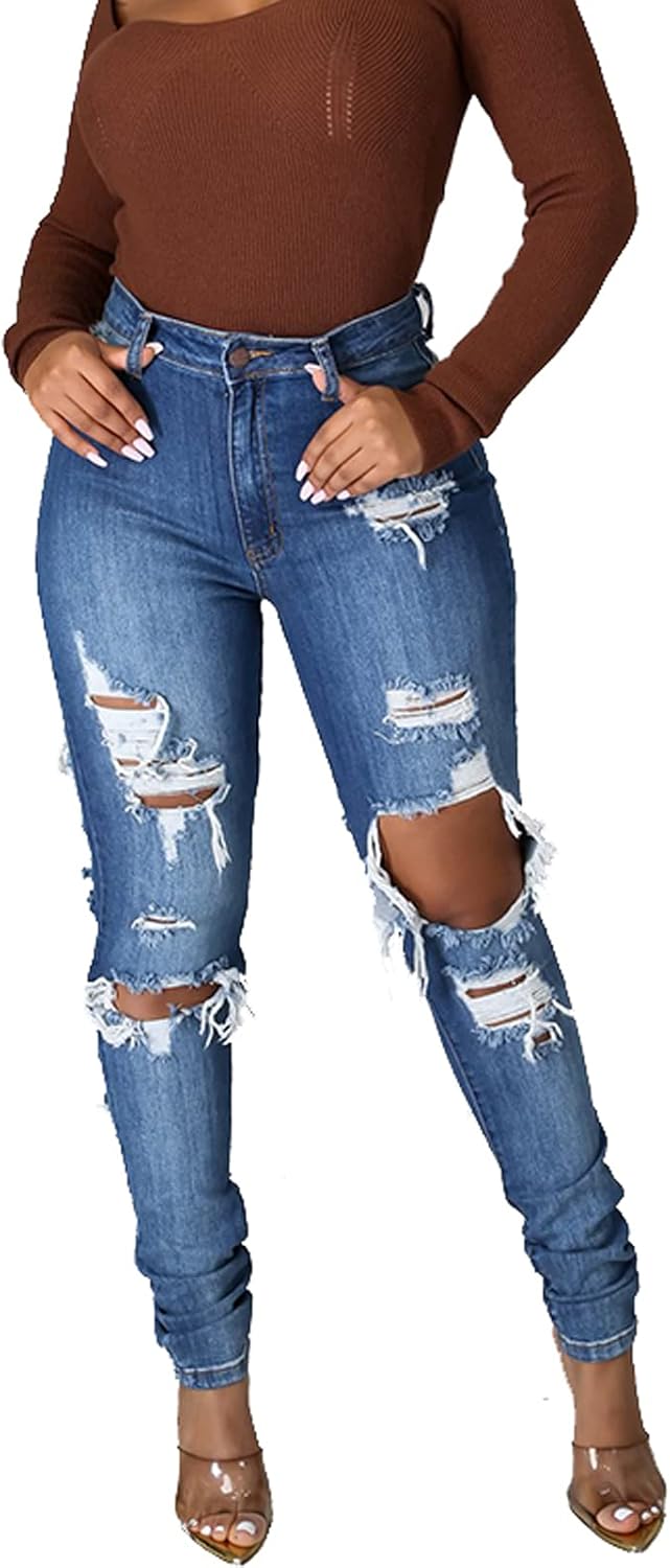 Women's Skinny Ripped Jeans Stretch Destroyed Mid High Waist Denim Pants