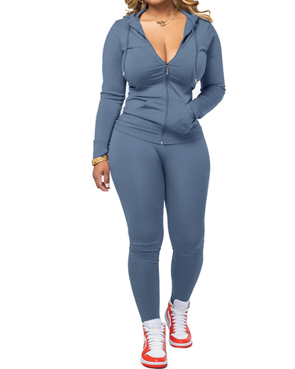 PINSV Women Two Piece Outfits Workout Sets Bodycon Tracksuit Long Sleeve Zip Up Hoodie Jacket Jogger Matching Sweat Pants Set