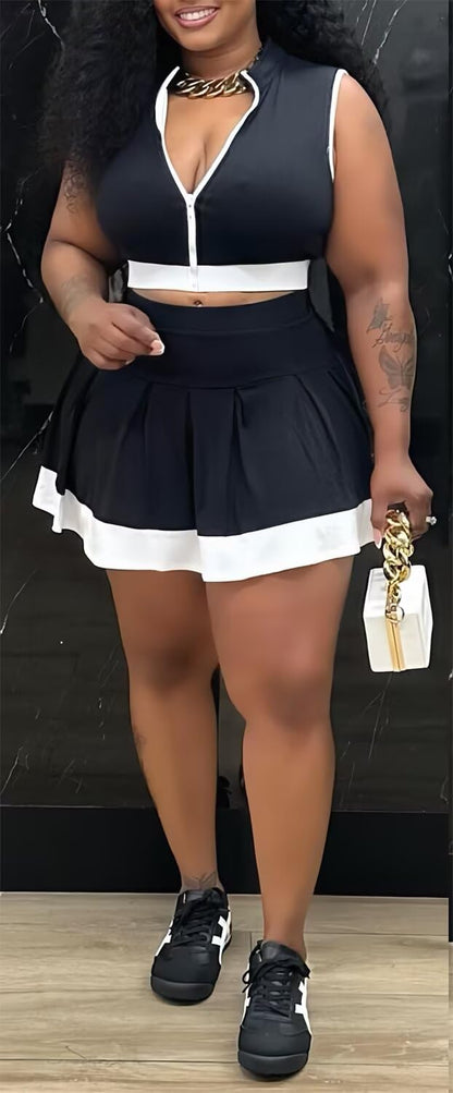 Tennis Outfit Skirt Sets Women 2 Piece Outfits Zipper V Neck Crop Tops and Pleated Skirt Set Summer Tracksuits