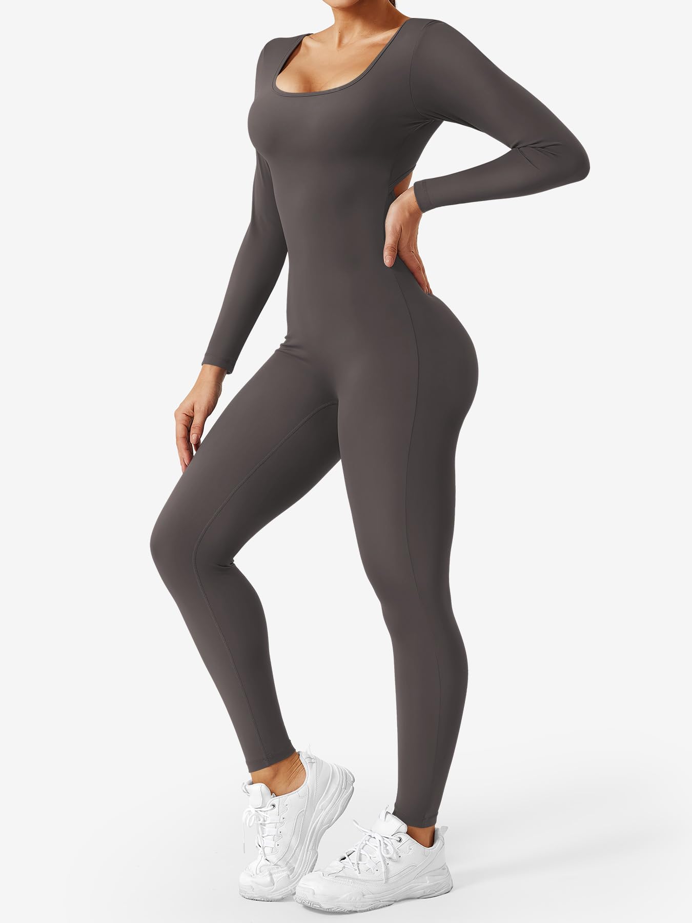 YEOREO Long Sleeve Jumpsuits for Women V Back Bodysuit Workout Full Length Bodycon Scrunch Leggings One Piece Romper