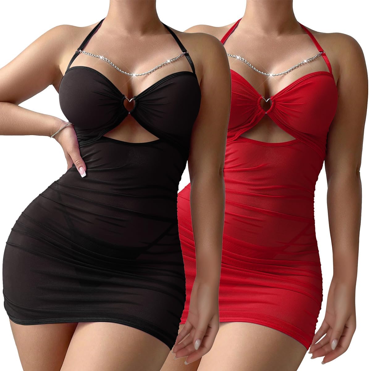 Sexy Chain Sheer Mesh Ruched Bodycon Mini Lingerie Dress with Thong 2 Piece Set Outfits