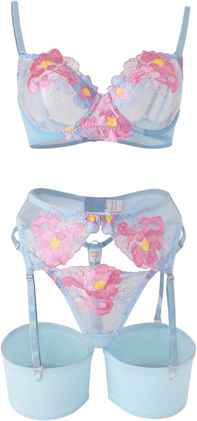 Lilosy Sexy Leaf Floral Embroidered Mesh Sheer Women Underwire Push Up Lingerie Set