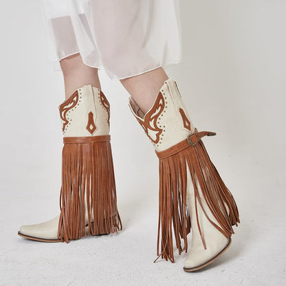 SaraIris Women's Western Bootie, Fashion Pointed Toe, Chunky Heel, Embroidered, Fringe, Pull-On, Mid Calf Boots, 2.75 inches, Knee High, PU, Denim, Rubber