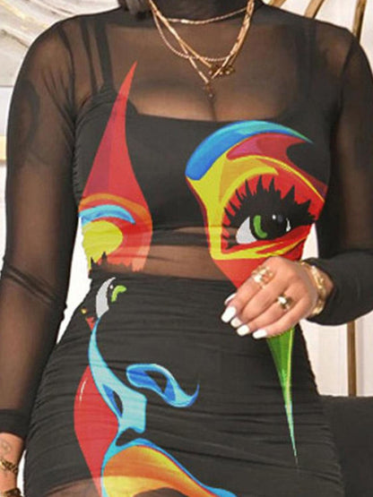 Women Sexy 3 Piece Outfits Set See Through Print Long Sleeve Midi Dress Sheer Mesh Crop Tank Tops Bodycon Skirt