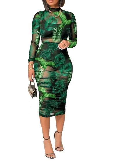 Women Sexy 3 Piece Outfits Set See Through Print Long Sleeve Midi Dress Sheer Mesh Crop Tank Tops Bodycon Skirt