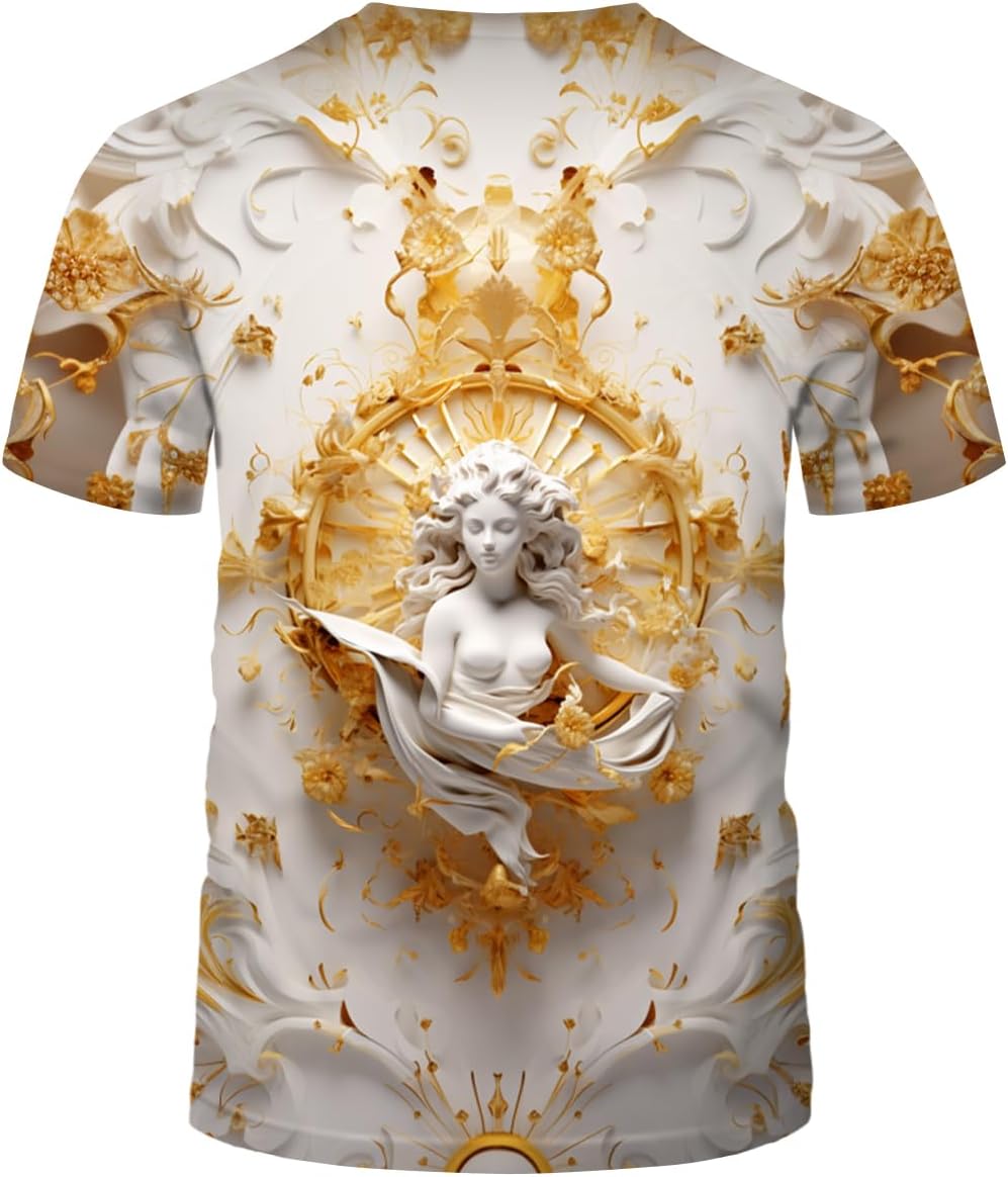 LAOLIUSN Men's Gold Shiny Printed T-Shirt - Golden Ornate Theme, Floral Graphic Tee Shirt