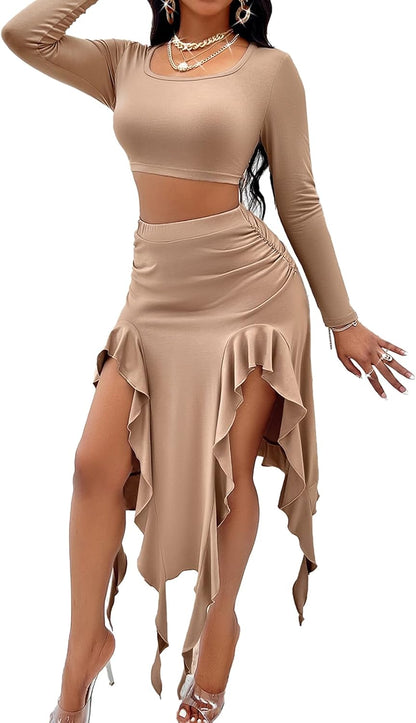 BARASA Women Summer 2 Piece Skirt Sets Comfy Ruffle Trim Irregular Split Sexy Y2k Club Party Tops Jellyfish Skirt Suits S69