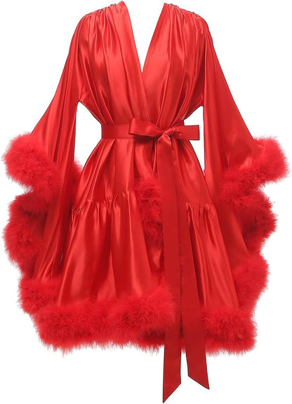 Yexinbridal Feather Fur Robe Silk Satin Bridal Dressing Gown Sexy Illusion Lingerie Nightgown Bathrobe Sleepwear