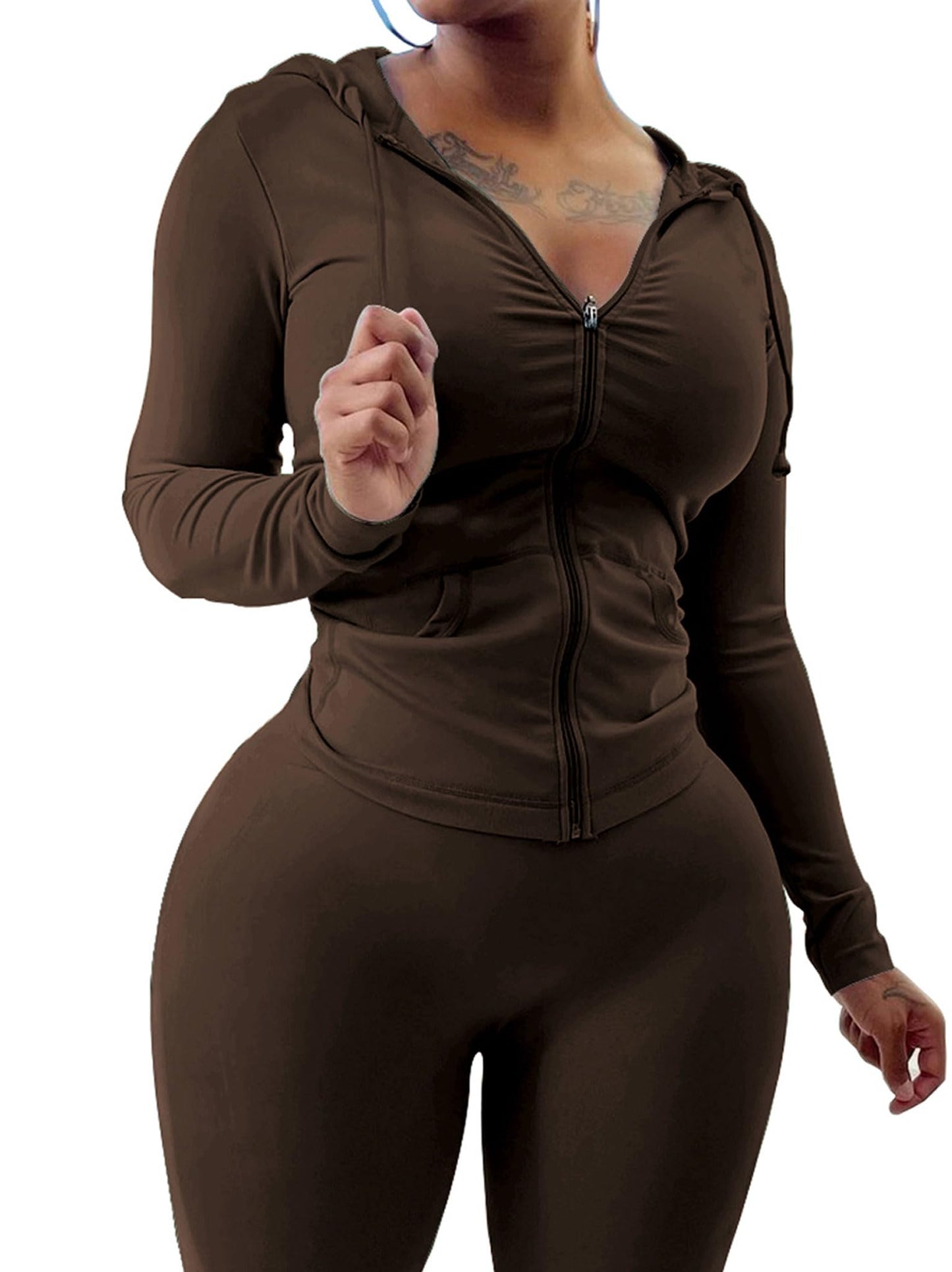 PINSV Women Two Piece Outfits Workout Sets Bodycon Tracksuit Long Sleeve Zip Up Hoodie Jacket Jogger Matching Sweat Pants Set