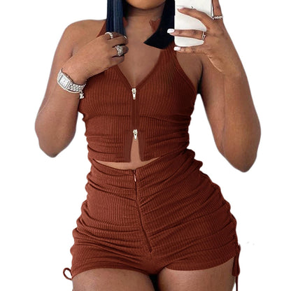 PYAEAS Summer Two Piece Outfits for Women, Casual Stretchy Ribbed Tank Crop Top Ruched Shorts Set Workout Tracksuits