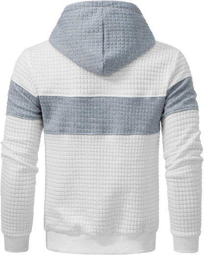 Men’s Sweatshirts Long Sleeve Pullover Patchwork Plaid Jacquard Hoodie Casual Drawstring Hoody Top