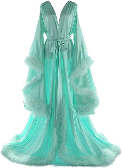 Women's Feather Bridal Robes Old Hollywood Maternity Photoshoot Nightgown Silk Bathrobe Long Lingerie