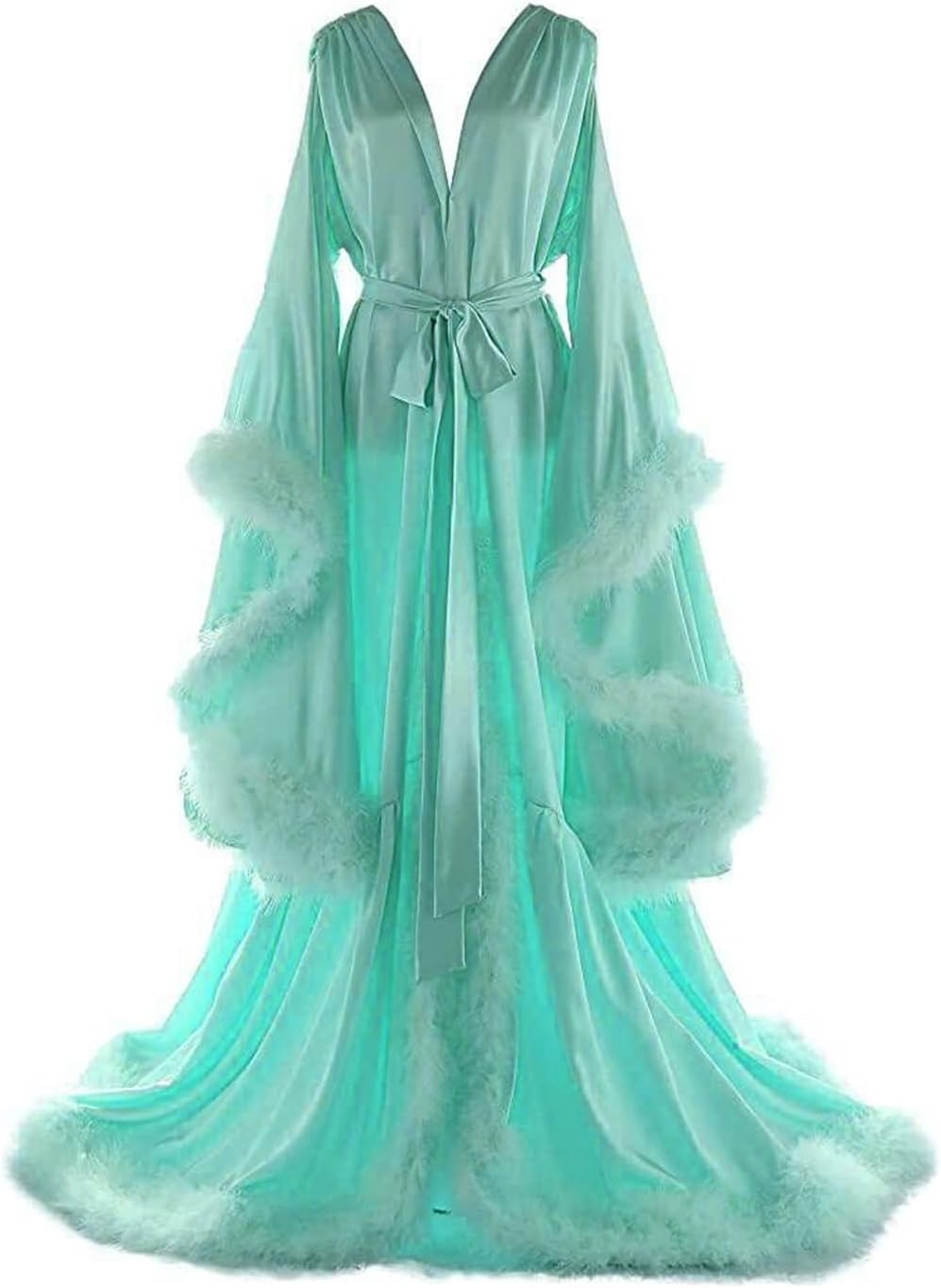 Women's Feather Bridal Robes Old Hollywood Maternity Photoshoot Nightgown Silk Bathrobe Long Lingerie