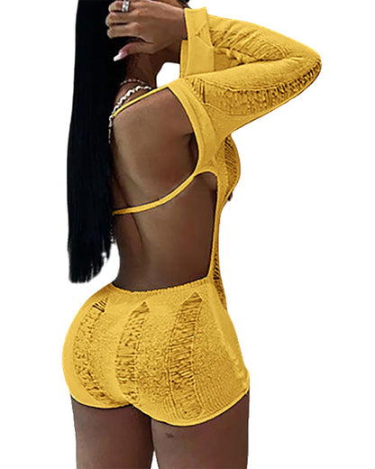 Women Sexy Off Shoulder Crochet Knitted Hollow Out Long Sleeve Romper Backless Bodycon Party Club Night Rompers