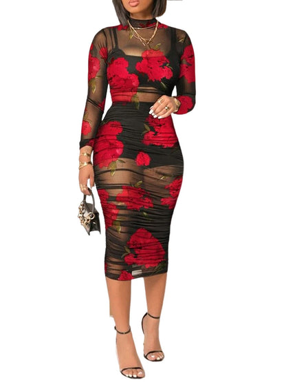 Women Sexy 3 Piece Outfits Set See Through Print Long Sleeve Midi Dress Sheer Mesh Crop Tank Tops Bodycon Skirt