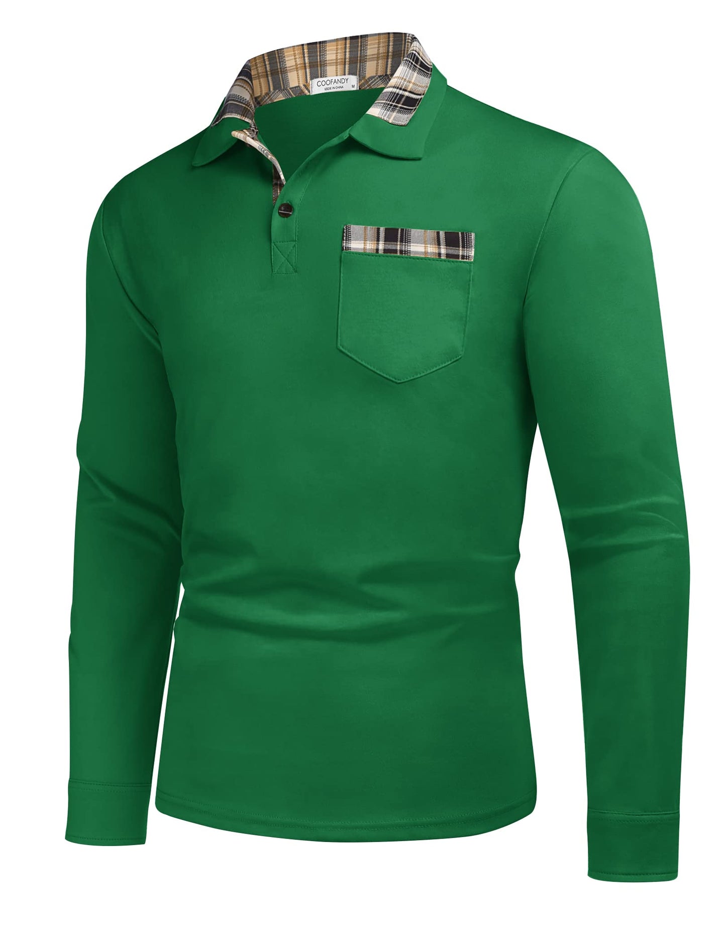 COOFANDY Men's Casual Polo Shirt Long Sleeve Classic Plaid Button Tees with Pockets