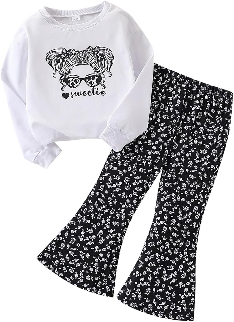 Toddler Girl Clothes Long Sleeve Cartoon & Letter Graphic Top + Fruit Stationery Print Flared Leg Pants