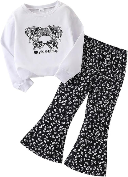 Toddler Girl Clothes Long Sleeve Cartoon & Letter Graphic Top + Fruit Stationery Print Flared Leg Pants