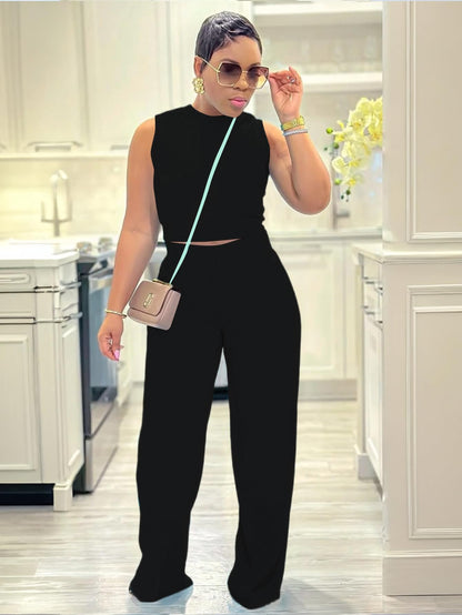 Womens Trendy Ribbed Knit 2 Piece Outfit Sleeveless Crop Top and High Waist Wide Leg Pants Matching Lounge Set