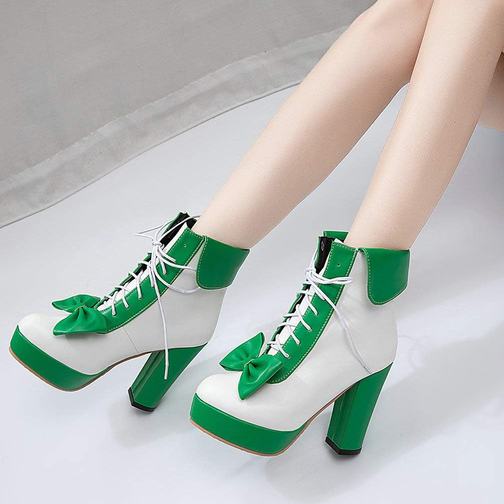 Parisuit Womens Dress Kawaii Boots Chunky High Heel Platform Ankle Booties Lace Up Sweet Bow Shoes
