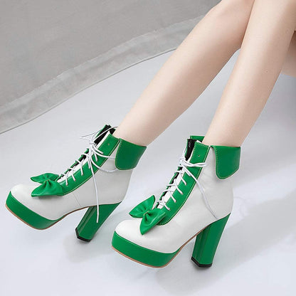 Parisuit Womens Dress Kawaii Boots Chunky High Heel Platform Ankle Booties Lace Up Sweet Bow Shoes