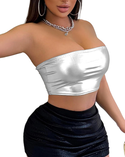 Women's Metallic Shiny Tube Top - Strapless Party Crop Top for Rave, Festival & Night Out