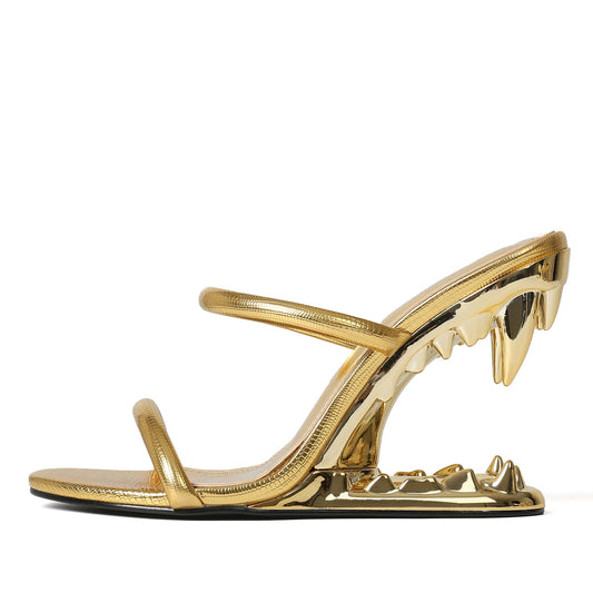Goiphrri Wedge Sandals for Women Strappy Heels Round Open Toe Heels Metallic Shark Tiger Teeth heeled Sandals Flip Flops Thong Womens Mules Slip on Party Dress Wedding Ceremony