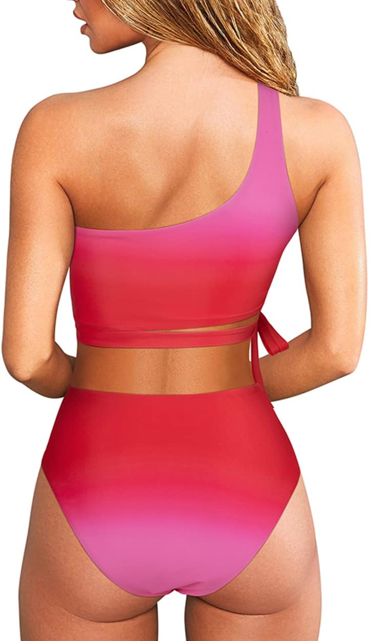 MOOSLOVER Women One Shoulder High Waisted Bikini Tie High Cut Two Piece Swimsuits