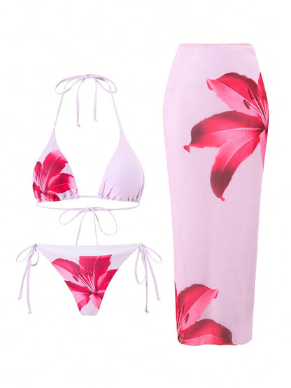 ZAFUL Womens 3pcs Swimsuit Floral Halter Triangle Bikini Top Tie Side Bottom with Long Sheer Cover Up Skirt
