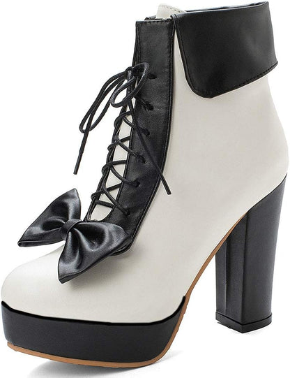 Parisuit Womens Dress Kawaii Boots Chunky High Heel Platform Ankle Booties Lace Up Sweet Bow Shoes