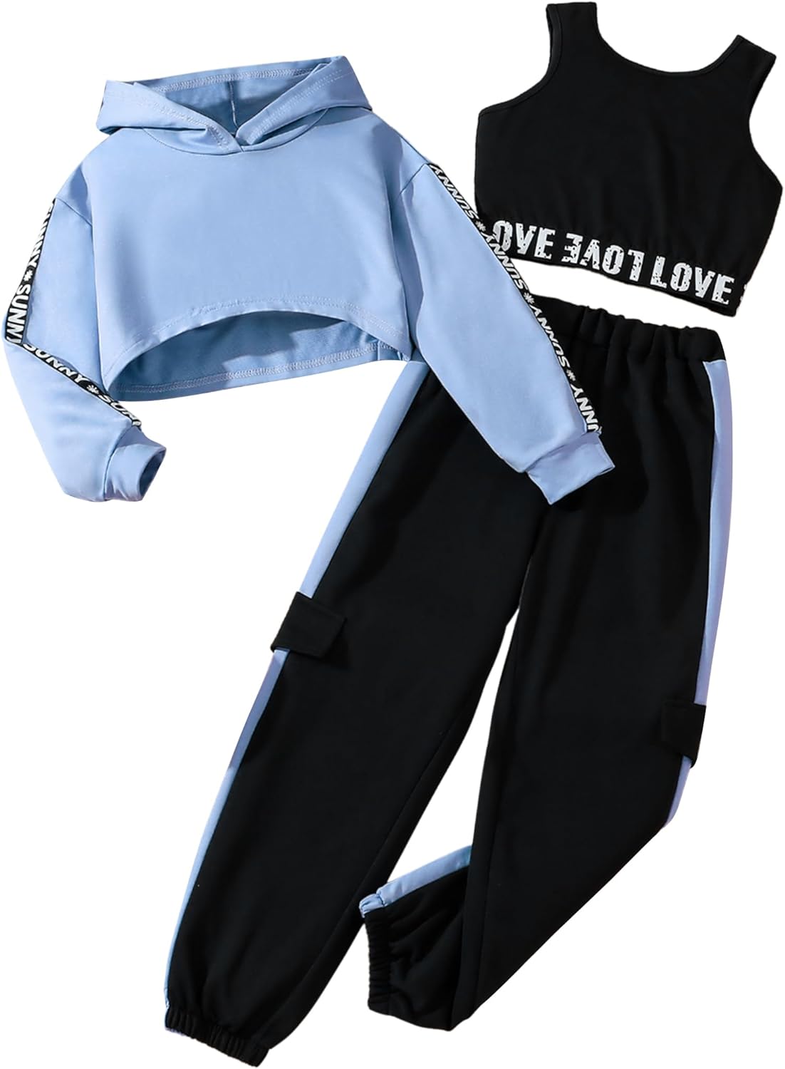 Hilinker Girls Graphic 3 Piece Outfits Workout Crop Hoodie Ribbed Tank and Sweatpants Set